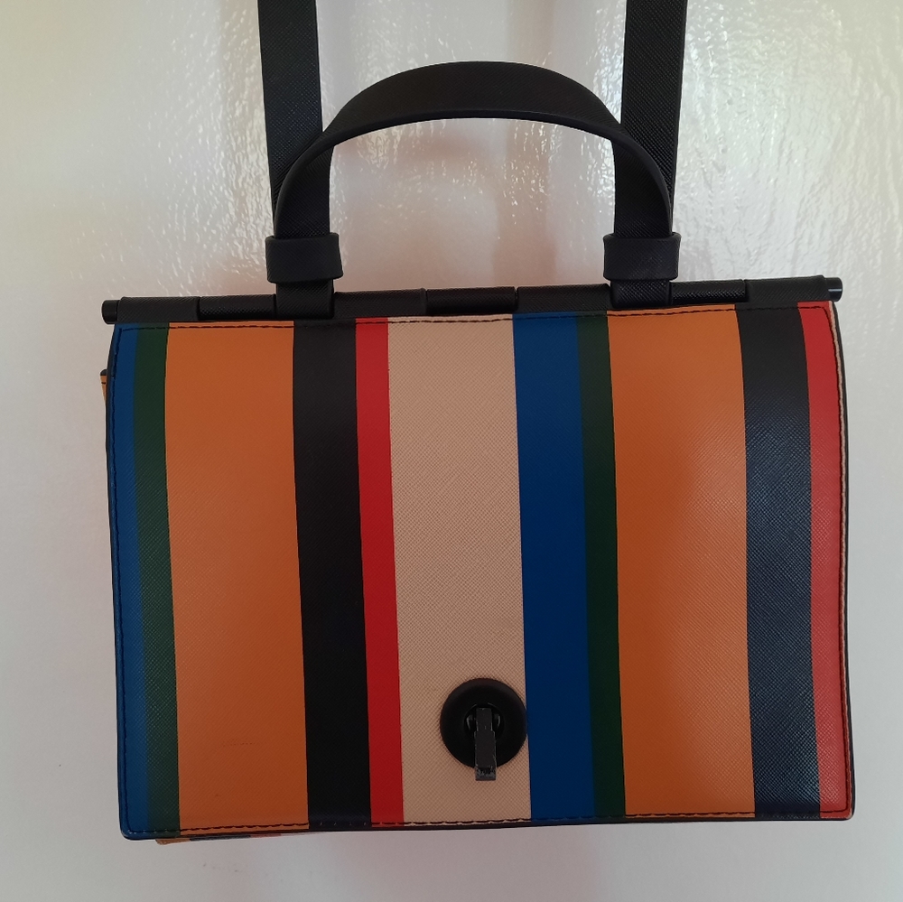 Zara Multicolor Striped Top-Handle Bag — Orange, Blue, Red, Black, Green, Cream